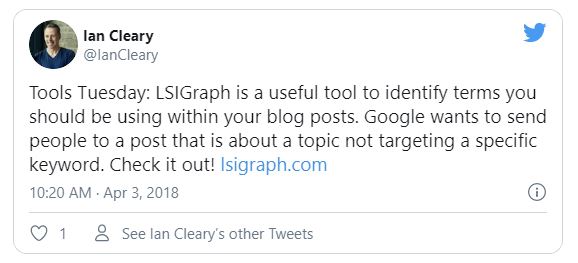 Twitter from Ian Cleary about LSI Graph as a tool to create better content - How to Find Keywords for SEO for Free