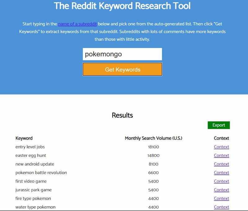 Reddit keyword search tool homepage and search results - How to Find Keywords for SEO for Free